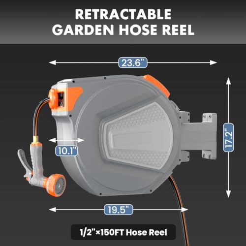 DUMOS Retractable Garden Hose Reel, 1/2 in X 150 ft Water Hose with Nozzle - color: Orange and Grey, size: 1/2" x 150 FT