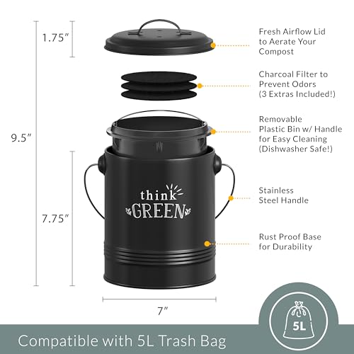 Barnyard Designs 1.2 Gallon Kitchen Counter Compost Bin with Lid (Black) - color: Black