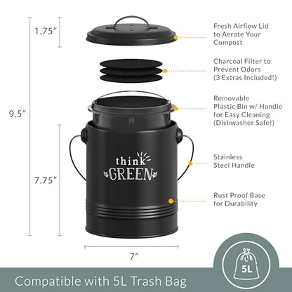 Barnyard Designs 1.2 Gallon Kitchen Counter Compost Bin with Lid (Black) - color: Black
