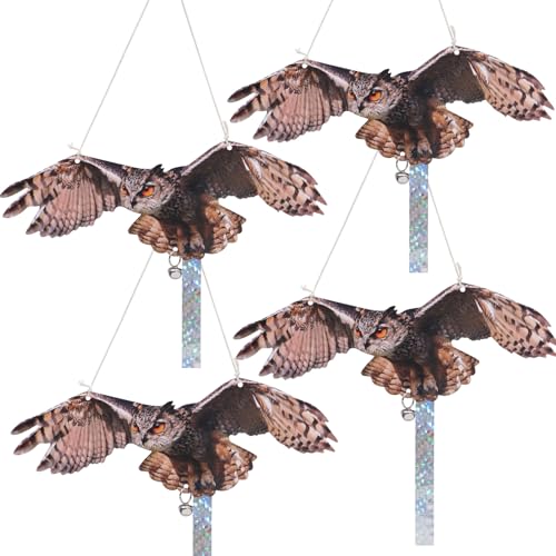 4Pack Fake Owls Double-Sided Owl Reflectors Fake Hawk, Reflective Hanging Owl Decoration, Flat Barn Swallow Deterrent Hawk with Reflective Tape for Indoor Outdoor Garden,Yard - color: 4 Brown Winged Eagle