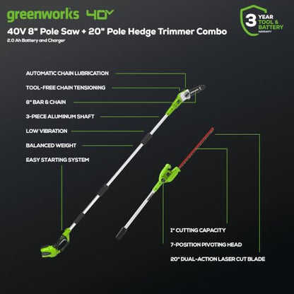 Greenworks 40V 8 in Pole Saw Hedge Trimmer Kit, 2.0 Ah Battery and Charger