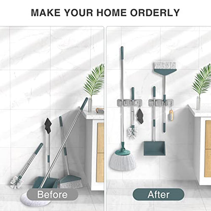 homeasy Wall Mount Mop and Broom Holder, Heavy Duty Stainless Steel Organizer Rack with Hooks | 4-Pack, 2-in-1 No Drill & Screw Installation, Silver - color: Silver-4
