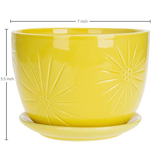 MyGift 7 Inch Yellow Ceramic Planter Pot with Sunburst Design & Saucer - color: Yellow