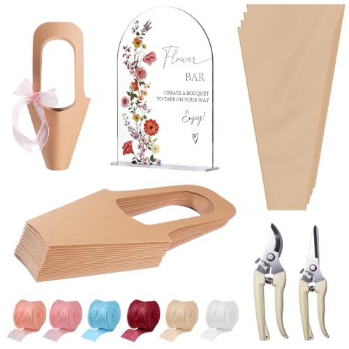 59 Pcs Flower Bar Supplies Kit, Acrylic Sign, Kraft Bouquet Wrapping Bags with Handle, Chiffon Ribbons & Floral Garden Scissors for Wedding Bridal Shower Floral Party Decor