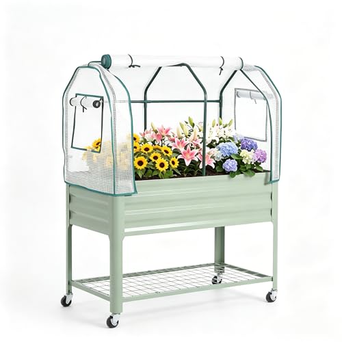 Raised Garden Bed with Cover, Galvanized Metal Elevated Planter Box with Rolling Casters & Extra Bottom Shelf, Raised Planter Box for Backyard, Patio, Balcony, 48x24x56 in, Green
