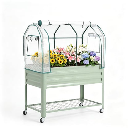Raised Garden Bed with Cover, Galvanized Metal Elevated Planter Box with Rolling Casters & Extra Bottom Shelf, Raised Planter Box for Backyard, Patio, Balcony, 48x24x56 in, Green