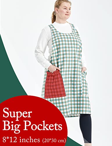 Big Plus Size Aprons for Women with Pockets Cotton Linen Baking Kitchen Cooking - color: Green Grid