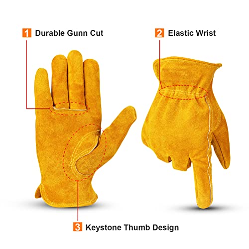OZERO Leather Work Gloves, Gardening Gloves, Cowhide, Mesh Lining, 1Pair, M - color: Gold With Mesh Linning (1 Pair), size: Medium