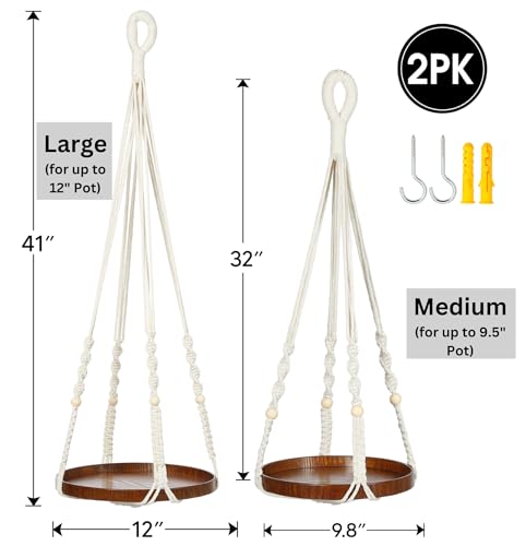 2 Pack Macrame Plant Hanger, Hanging Plant Shelf (12" + 10") - color: Beige, size: 2-Pack, 1-Tier