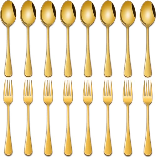 6.7 Inch Salad Forks And Teaspoon Set of 16, Gold Stainless Steel Forks And Spoons Silverware Set, Metal Small Spoon And Fork Set - color: Gold