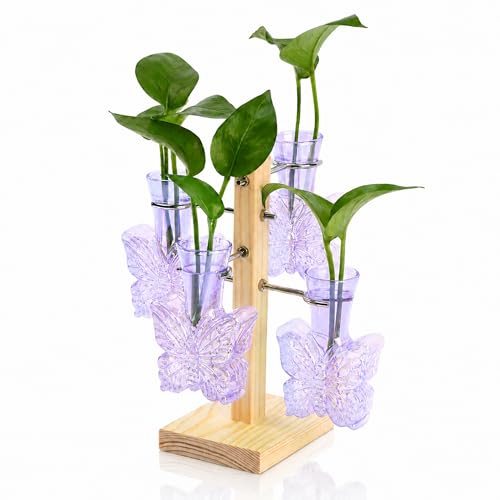 Nacome Plant Terrarium Propagation Stations: Purple Vase with Wooden Stand - color: Purple