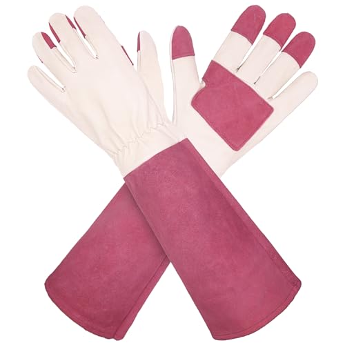 HANDLANDY HLDD Long Gardening Gloves for Women Men - Leather Rose Pruning Gloves Thorn Proof - Breathable Working Glove - color: Rose, size: Large