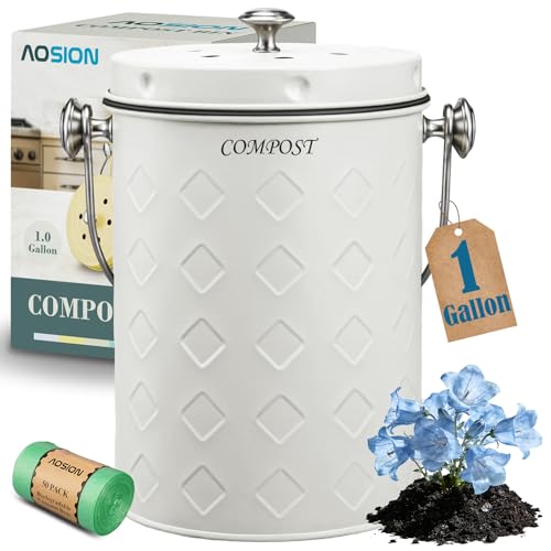 AOSION Countertop Compost Bin Kitchen,Odorless Indoor Compost Bin with Lid - color: Cream White