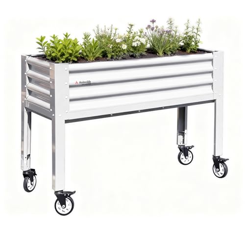Anleolife Rolling Elevated Raised Garden Bed with Wheels, Antique White - color: Antique White, size: 48x18x35 in