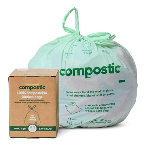 Compostic Compostable 3 Gallon Bathroom Trash Bags, 50 Ct - size: 50 Count (Pack of 1), style: Small 3 Gallon