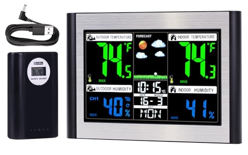 Weather Station Wireless Indoor Outdoor Thermometer, Alarm Clock - color: Black&Silver