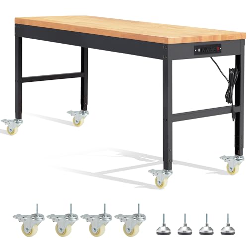 HABUTWAY Height Adjustable Workbench with Wheels 60" 2000 Lbs Capacity Solid Wood Work Station Heavy-Duty Rolling Work Tables for Garage Party Shop Office - size: 60"x22"x40.6"