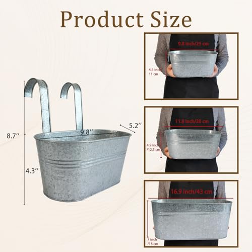 2 Pack 10" Galvanized Hanging Railing Planters with Hooks and Drainage - size: 10 Inch