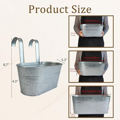 2 Pack 10" Galvanized Hanging Railing Planters with Hooks and Drainage - size: 10 Inch