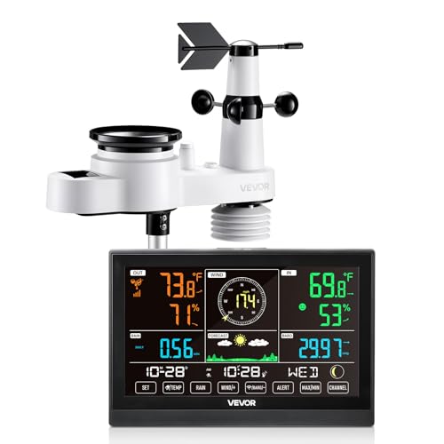 VEVOR 5-in-1 Wireless Weather Station, 7.5-Inch VA Display, Solar Powered Outdoor Sensor, Rain Gauge, Indoor Outdoor for Weather Forecast, Temperature, Humidity, Wind Speed and Direction (No WiFi) - style: Modern