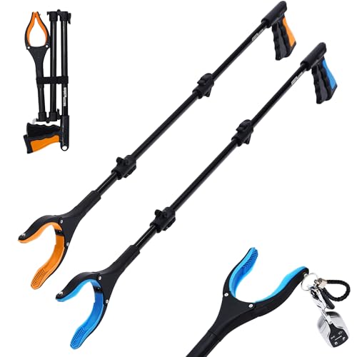38" Extra Long Grabber Reacher Tool – 2 Pack Extra Long Foldable Reacher Grabber Pickup Tools with 360° Rotating Jaw - Heavy Duty Pick Up Grabbers for Seniors, Trash, Surgery Recovery (Orange Blue) - color: Orange Blue