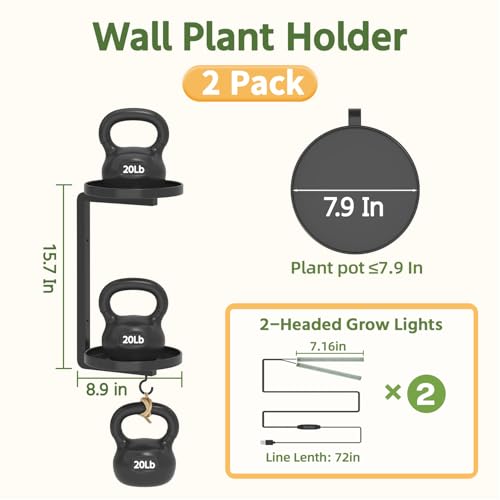 LASZOLA Plant Hanger Holder Shelf Wall Indoor with Lights, 2 Pcs Black - color: Dark Grey, size: 2