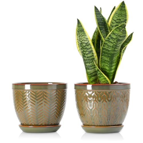 Sureasy 6.5 Inch Ceramic Plant Pots Set of 2, Green Embossed - color: Green, size: 6.5 inch
