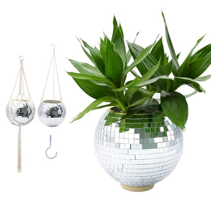 8" Silver Disco Ball Planter with Hanging Rope, Hanging Chain, Hook, Circle - color: 1×8" Silver
