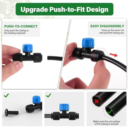 Kalolary 30Pcs Push-to-Fit Drip Irrigation Emitters for 1/4 inch Tubing - size: 1/4” Push-to-Connect Tee- Stream- 30P Blue