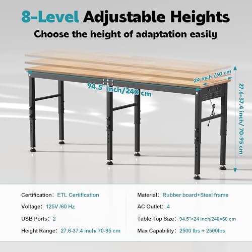 Antifir 96'' Adjustable Workbench, Heavy Duty Workstation - size: 96"x24"|Socket|Pegboard