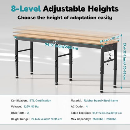 Antifir 96'' Adjustable Workbench, Heavy Duty Workstation - size: 96"x24"|Socket|Pegboard