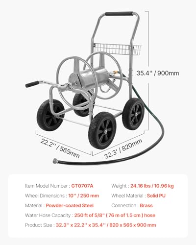 VEVOR Hose Reel Cart, Hold Up to 250 ft of 5/8’’ Hose, Garden Water Hose Carts Mobile Tools with 4 Wheels, Heavy Duty Powder-Coated Steel Outdoor Planting with Storage Basket, for Garden, Yard, Lawn - size: 250 ft