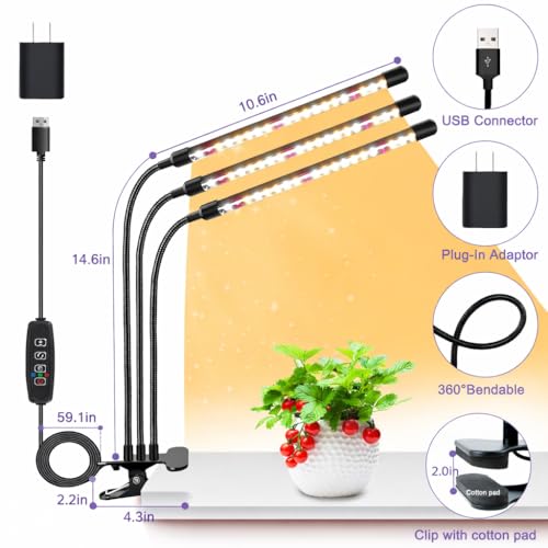 Grow Lights for Indoor Plants, Full Spectrum Tri-Head Clip Plant Lights - size: 3 Head 2 Pack