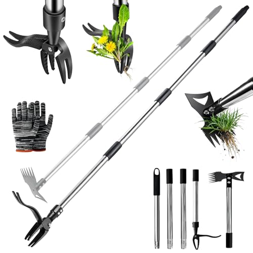 Stand Up Weed Puller Tool 2 in 1 Heavy Duty Manual Weeder & Garden Hoe, 4-Claw Steel Head Weed Remover with Gloves for Yard Lawn Patio Flower Bed