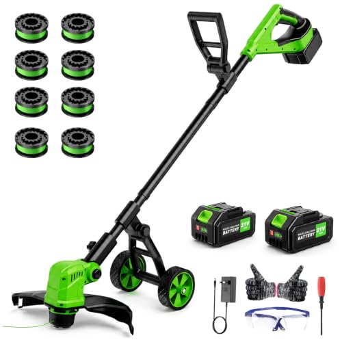 Cordless Weed Wacker with Wheels, 21V Battery Powered Weed Eater with 8 Spools & 2 Batteries, Lightweight Lawn Mower & Adjustable Grass Cutter Tools for Yard, Lawn Care