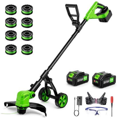 Cordless Weed Wacker with Wheels, 21V Battery Powered Weed Eater with 8 Spools & 2 Batteries, Lightweight Lawn Mower & Adjustable Grass Cutter Tools for Yard, Lawn Care