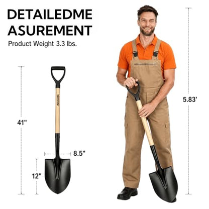 Heavy Duty Round Point Garden Shovel for Digging, 41 Inch D-Shaped Handle