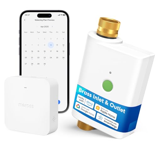meross WiFi Water Hose Timer, Smart Sprinkler Timer with Brass Inlet & Outet, Work with Apple Homekit, Alexa & Google Assistant, Watering Timer for Lawn, Garden, Yard and Pool, Hub Required - color: Matte White, size: Timer with Hub