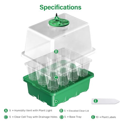 Bonviee Seed Starter Trays with 12-LED Grow Lights, Green, 5 Pack - color: Green, size: 5 Packs