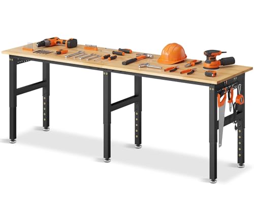 92” Adjustable Work Bench, 5000 LBS Capacity Heavy Duty Workbench with Power Outlet & Pegboard, Rubber Wood Work Table for Garage, Workshop, Office, Home - size: 92"| Rubber Pad│Power Outlets | Pegboard