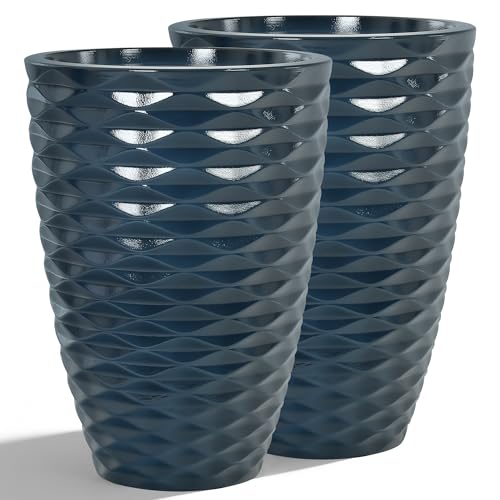 19" Resin Tall Outdoor Planters for Plants Set of 2, Costal Wavy Pot - color: 19"h-navy Blue Wavy