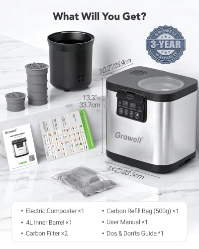 Growell 4L Electric Composter for Kitchen, Countertop, Indoor Compost Bin - color: Silver – Black Lid