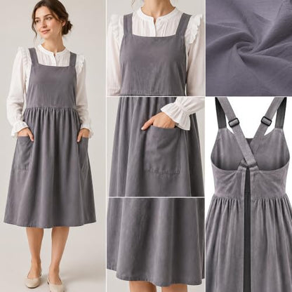 Cotton Linen Apron Cross Back Apron for Women with Pockets Pinafore Dress - color: Grey