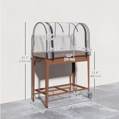 Outsunny Raised Garden Bed with Greenhouse Cover, Lockable Wheels, Brown