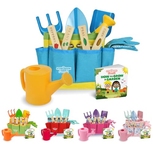 Kids Gardening Set – Toddler Gardening Kit Includes Watering Can for Kids, Shovel, Rake, Plant Stakes, Kids Gardening Gloves, Tote Bag & STEM Learning Gardening Guide Book - Garden Tool Set Blue - color: Blue