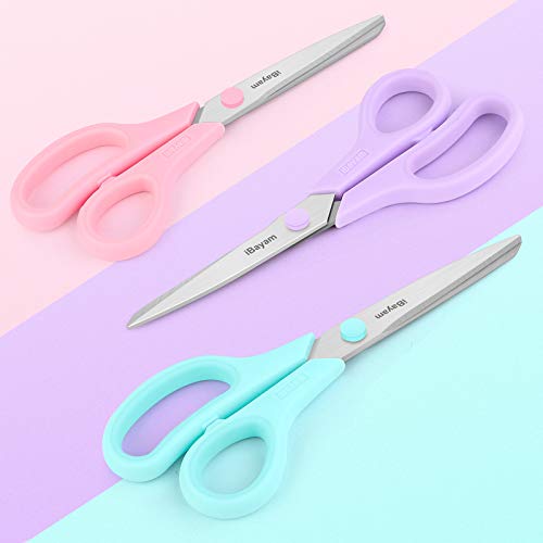 iBayam 8.5" Scissors All Purpose, 2.5mm Sharp Blade, 3 Cute School Office - color: Pastel Pink, Soft Purple, Macaron Blue, size: 3-Pack