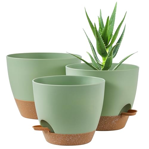 FaithLand 3-Pack Planter Pots, 10 9 8 Inch Self Watering Flower Pots for Indoor Outdoor Garden Plants, Green with Brown - color: Green With Brown, size: 10"+9"+8"
