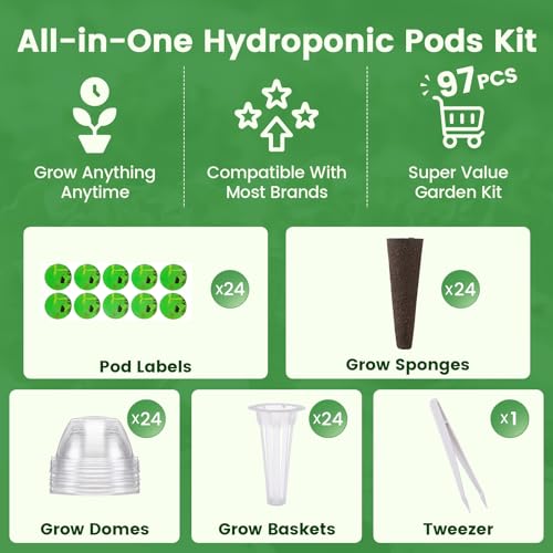 Hydroponic Pods Kit, Compatible with AeroGarden, 97Pcs - size: 97pcs-24 Grow Sponges&Labels&Baskets&Domes