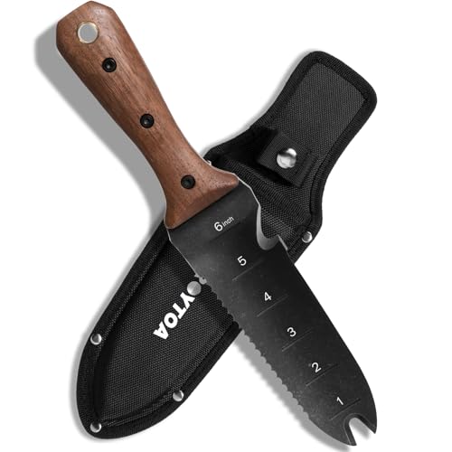 ROYTOA Hori Hori Garden Knife, Garden Tools with Sheath for Weeding,Planting,Digging, 7" Stainless Steel Blade with Cutting Edge, Full-Tang Wood Handle with Hanging Hole - color: Walnut Wood, size: Double head