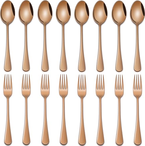 6.7 Inch Forks And Spoons Silverware Set of 16, Rose Gold Stainless Steel Salad Forks And Teaspoons, Metal Small Spoon And Fork Set - color: Rose Gold